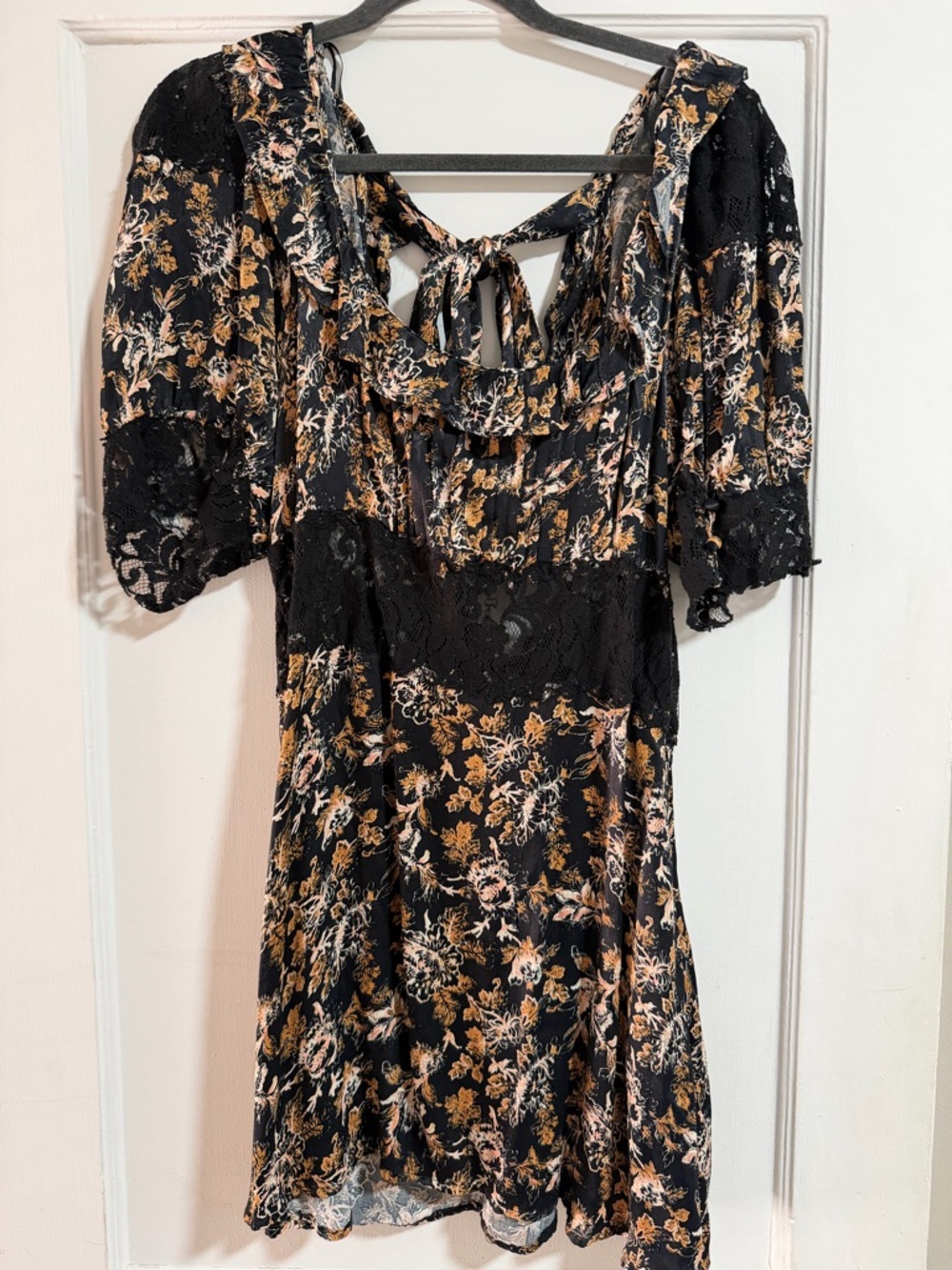 Free People Black Mini Dress with Gold and Cream Floral Print NWT
